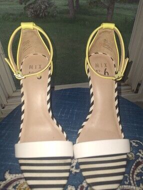 Mix No. 6 White, Black & Lime Green Striped Ankle-Strap Heels